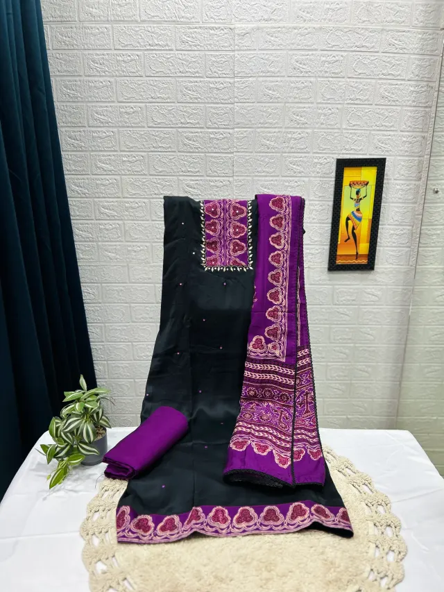 Black & Purple Ajrakh-Inspired Mirror Work Chudidhar Material