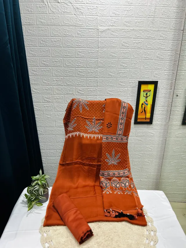 Rust Orange Block Print Leaf Motif Chudidhar Material