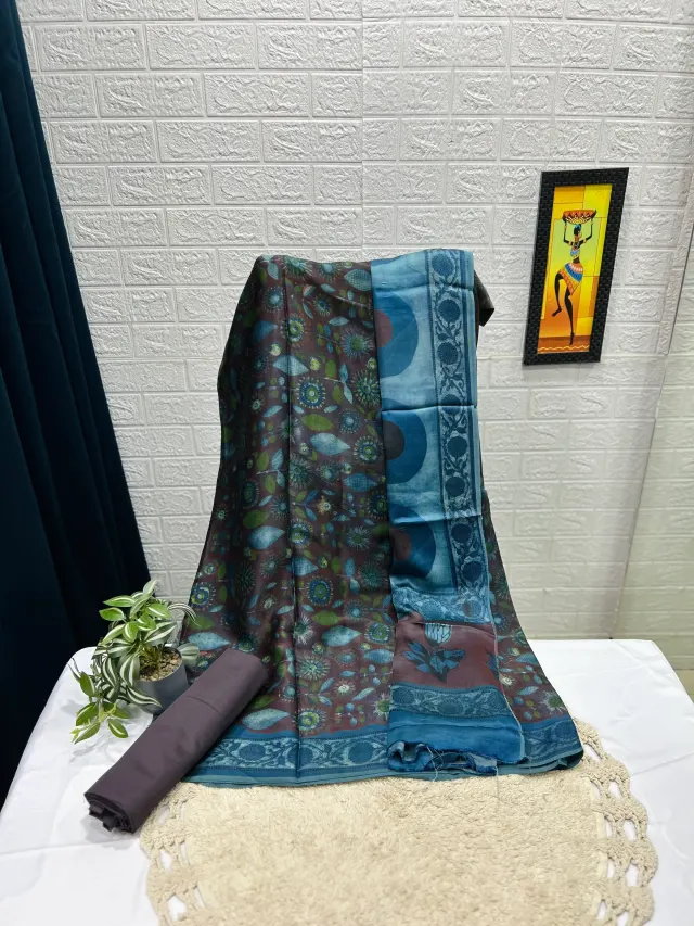 Teal Blue & Plum Brown Floral Print Chudidhar Material