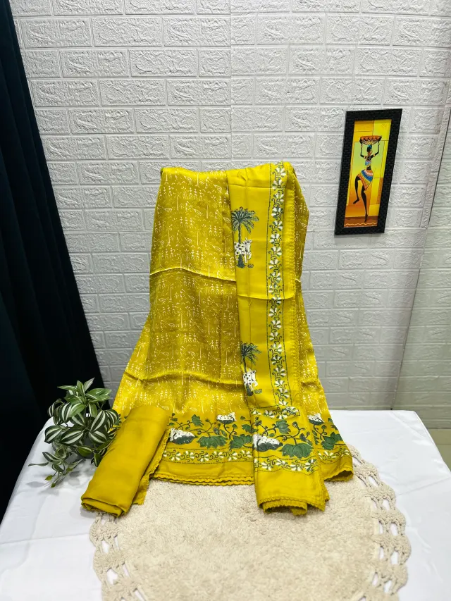 Mustard Yellow Warli-Inspired Folk Print Chudidhar Material