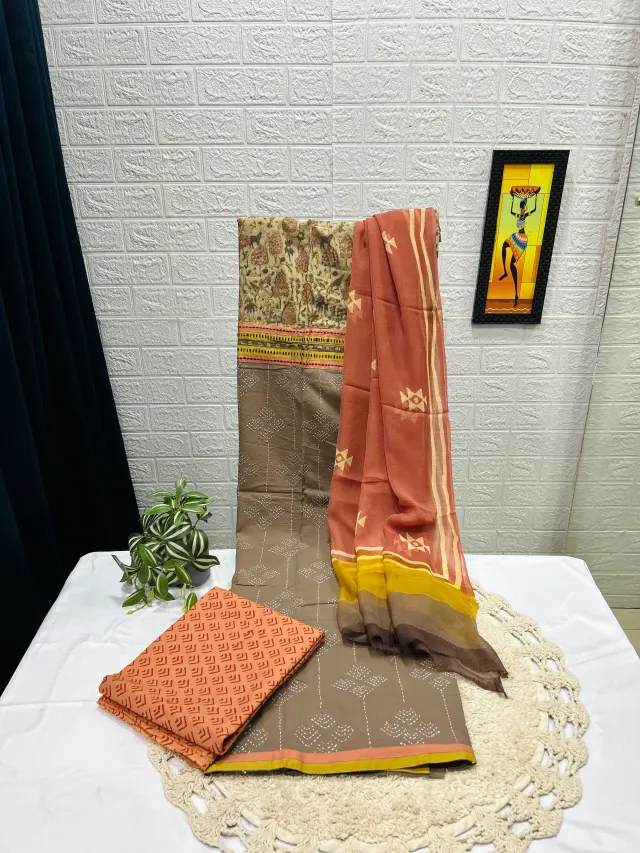 Taupe Brown & Peach Rust Kalamkari-Style Chudidhar Material