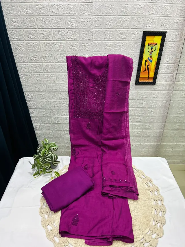 Royal Purple Chikankari-Style Embroidered Chudidhar Material